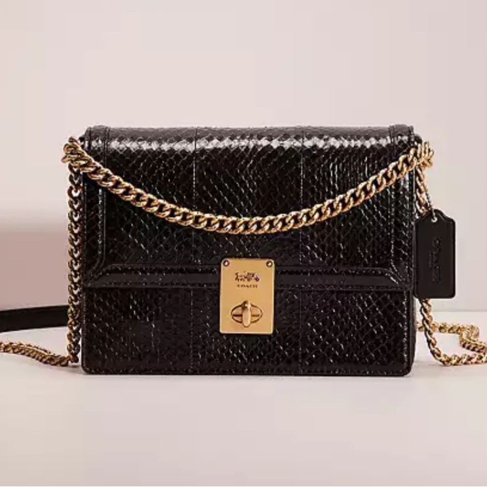 Coach Hutton Black Snakeskin Crossbody Bag with Gold Chain
